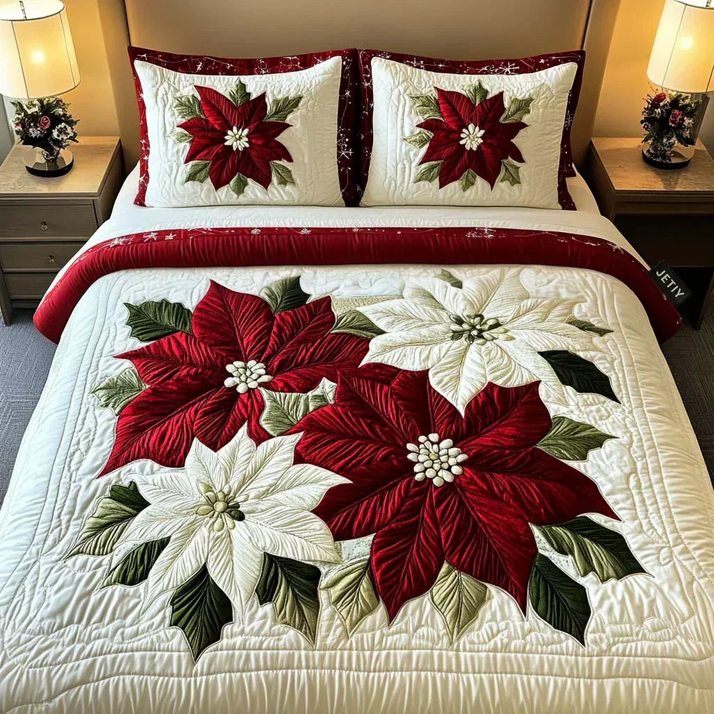 Set de lenjerie de pat matlasată din 3 piese - Poinsettia de iarnă — imagine 1
