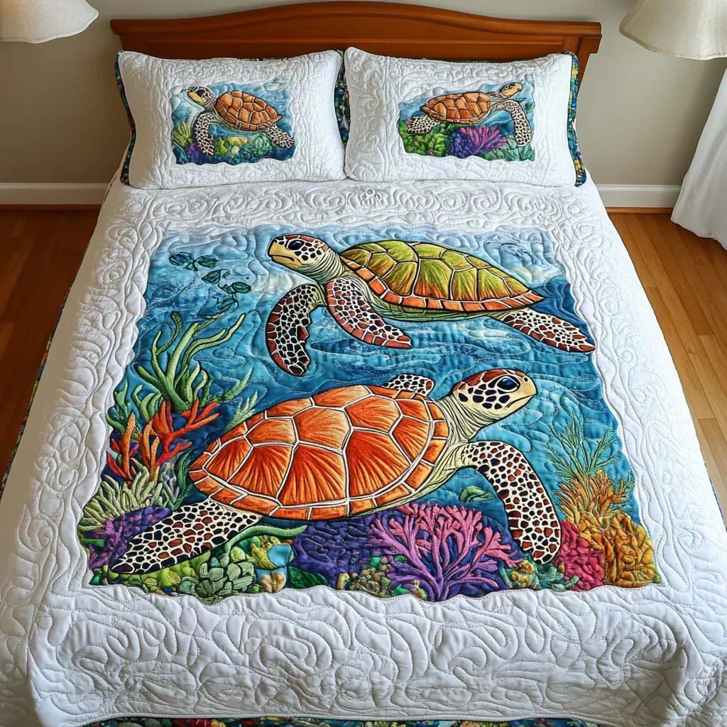 Set de lenjerie de pat matlasată cu 3 piese - Țestoase marine — imagine 3