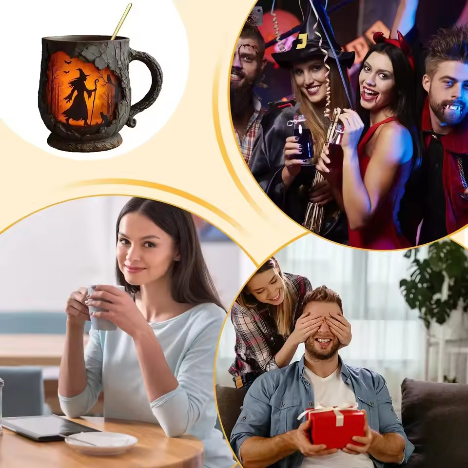 Cană 3D de Halloween - cu model de vrăjitoare și pisică — imagine 2