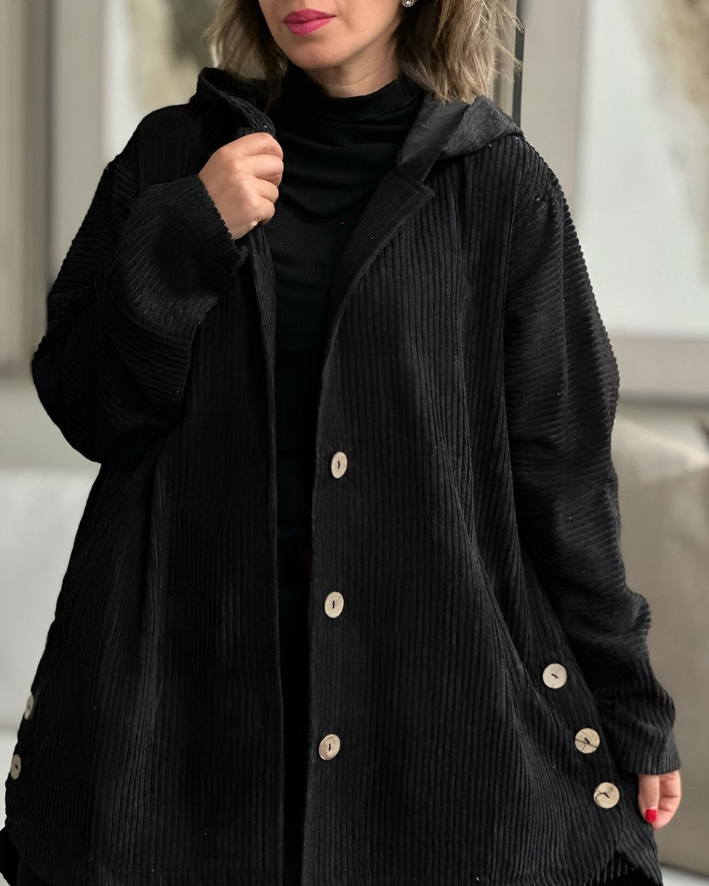 Abigail - Cardigan cu glugă din catifea reiată — imagine 5