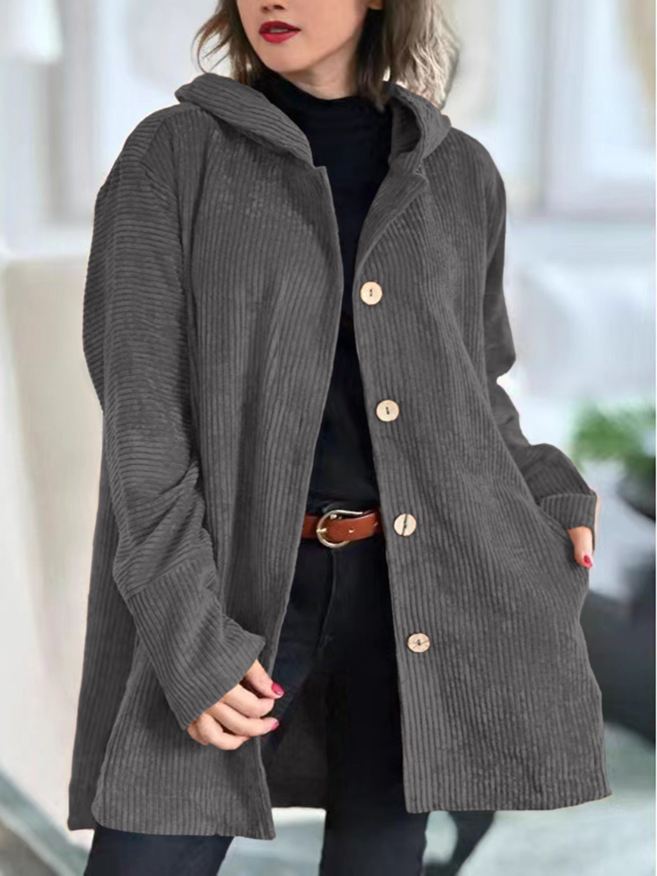 Abigail - Cardigan cu glugă din catifea reiată — imagine 11