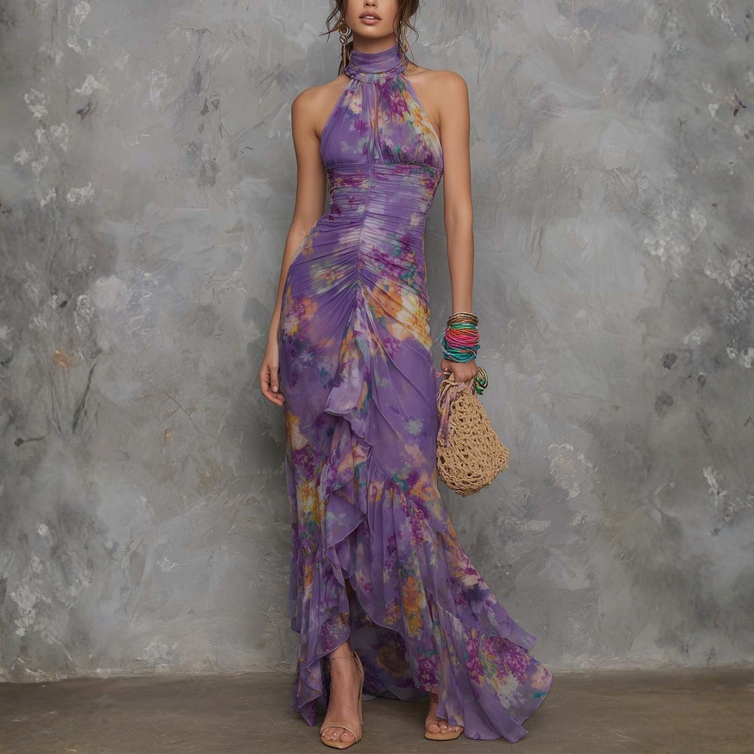 Adalynn - rochie maxi elegantă, fără bretele, din șifon, cu imprimeu floral violet — imagine 1