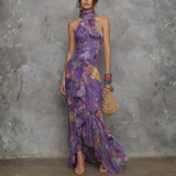 Adalynn - rochie maxi elegantă, fără bretele, din șifon, cu imprimeu floral violet — imagine 1