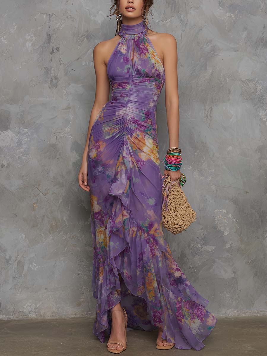 Adalynn - rochie maxi elegantă, fără bretele, din șifon, cu imprimeu floral violet — imagine 2