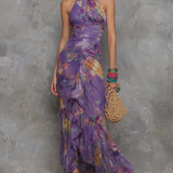 Adalynn - rochie maxi elegantă, fără bretele, din șifon, cu imprimeu floral violet — imagine 2
