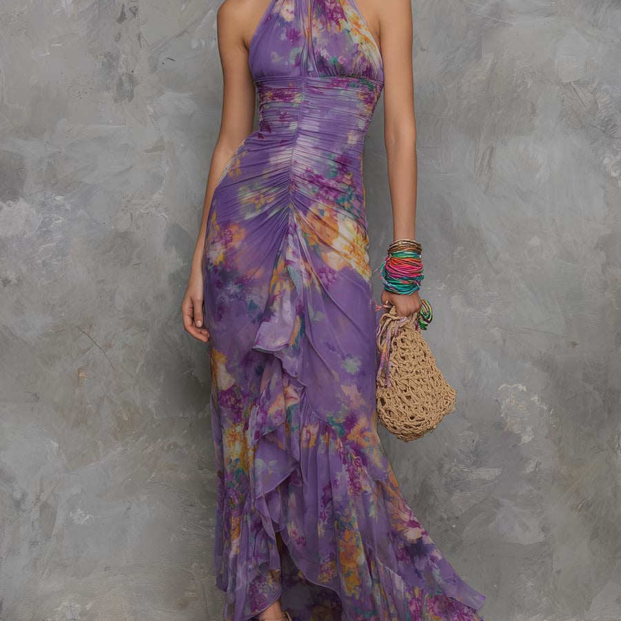 Adalynn - rochie maxi elegantă, fără bretele, din șifon, cu imprimeu floral violet — imagine 2