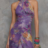 Adalynn - rochie maxi elegantă, fără bretele, din șifon, cu imprimeu floral violet — imagine 3