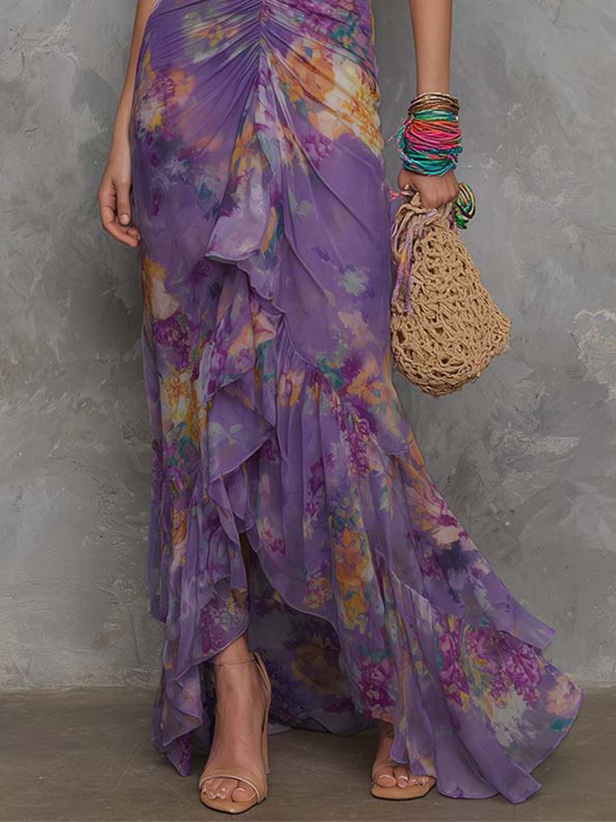 Adalynn - rochie maxi elegantă, fără bretele, din șifon, cu imprimeu floral violet — imagine 4