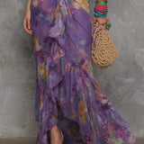 Adalynn - rochie maxi elegantă, fără bretele, din șifon, cu imprimeu floral violet — imagine 4
