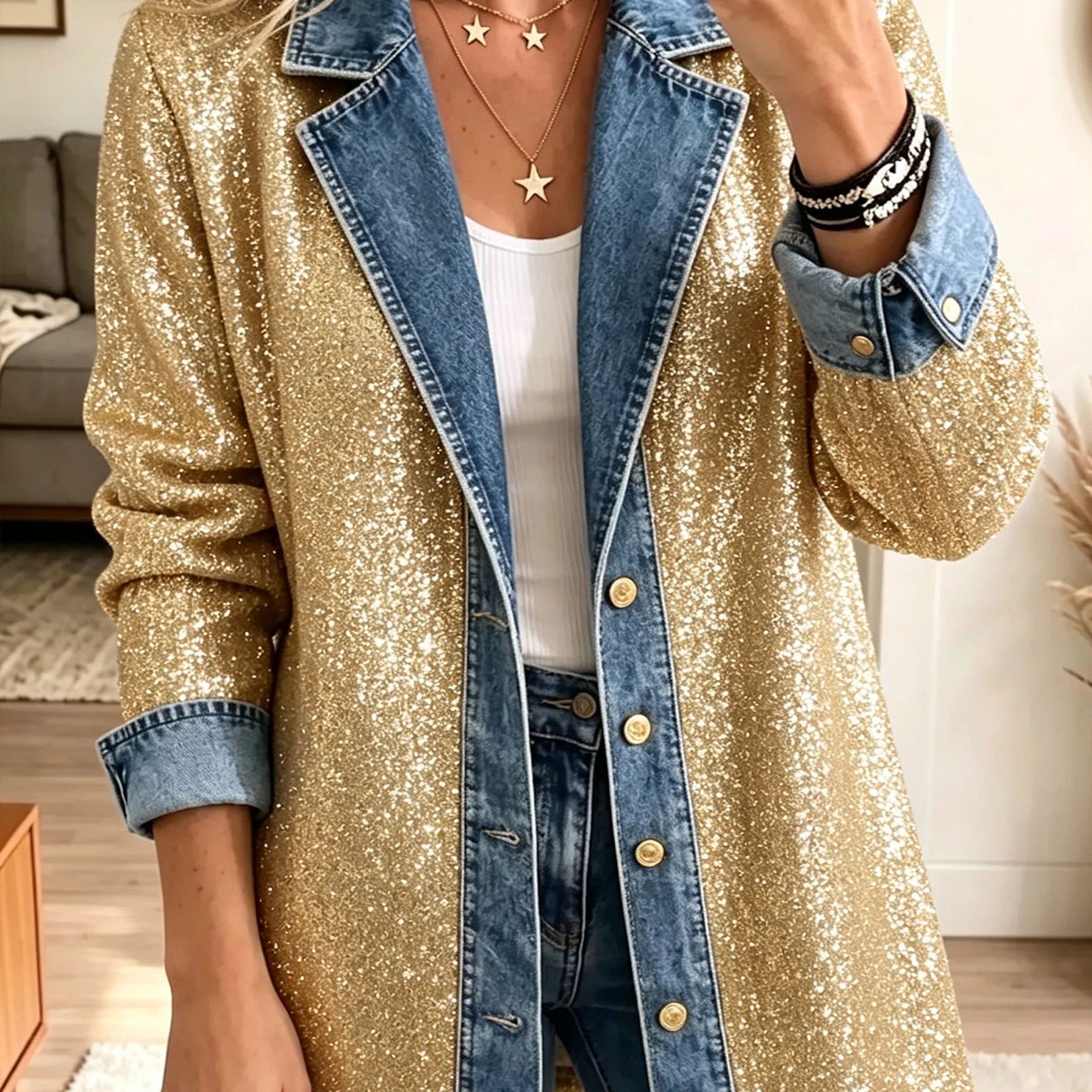 Addison - Jachetă din denim cu sclipici auriu — imagine 1
