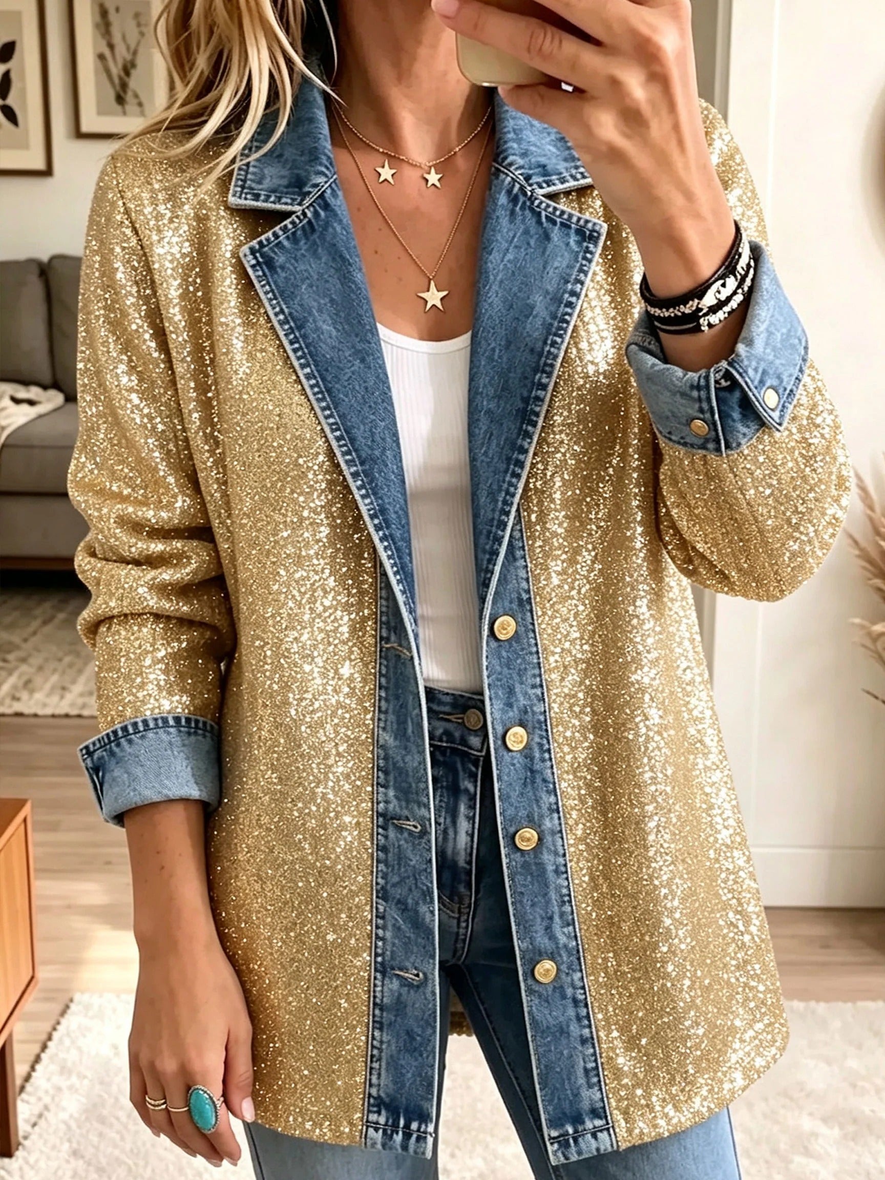 Addison - Jachetă din denim cu sclipici auriu — imagine 1