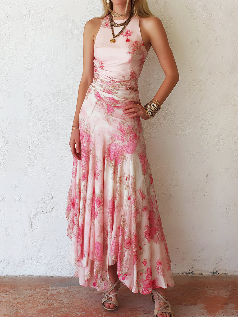 Alexandra - rochie midi fără mâneci, plisată, cu imprimeu floral roz din șifon — imagine 2