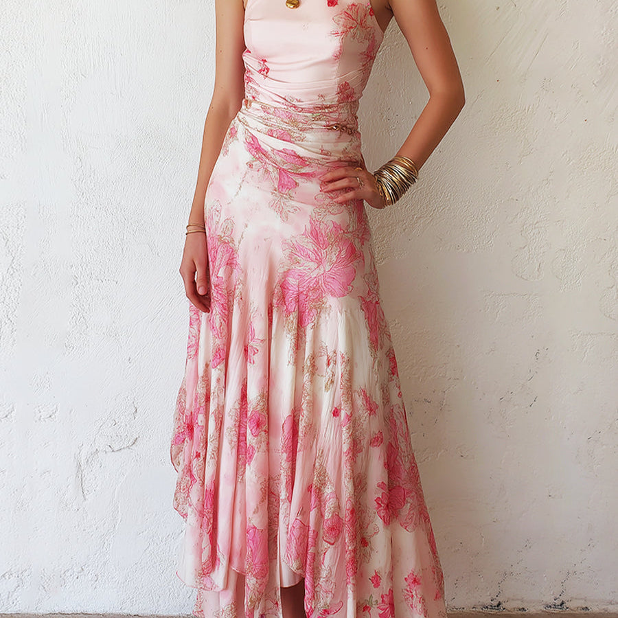 Alexandra - rochie midi fără mâneci, plisată, cu imprimeu floral roz din șifon — imagine 2