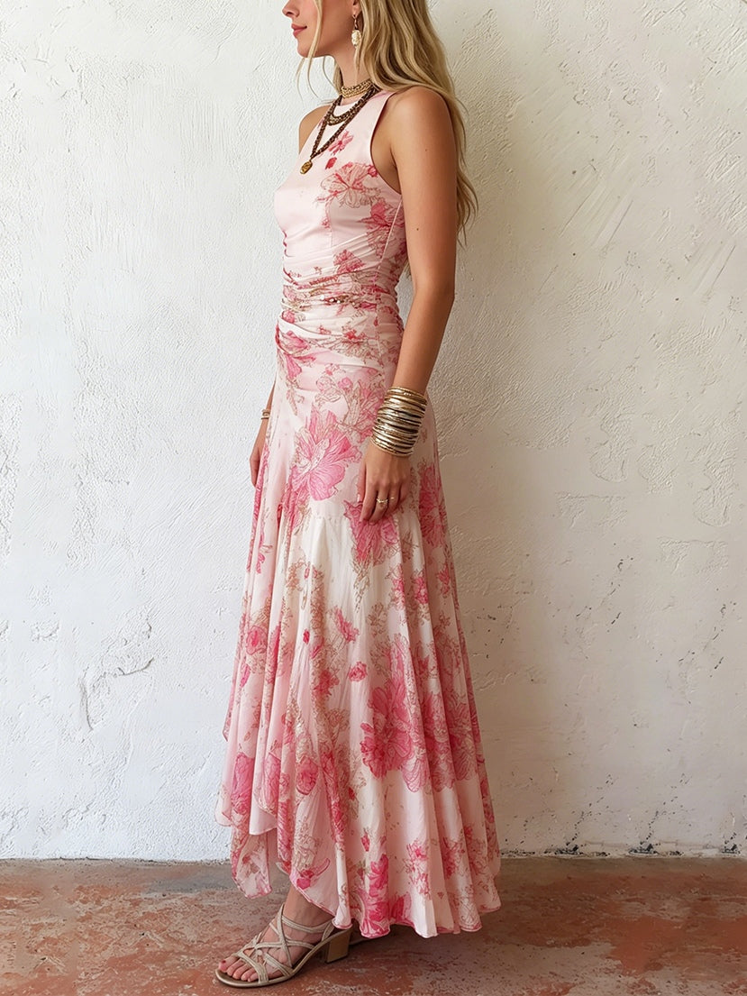 Alexandra - rochie midi fără mâneci, plisată, cu imprimeu floral roz din șifon — imagine 3