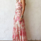 Alexandra - rochie midi fără mâneci, plisată, cu imprimeu floral roz din șifon — imagine 3