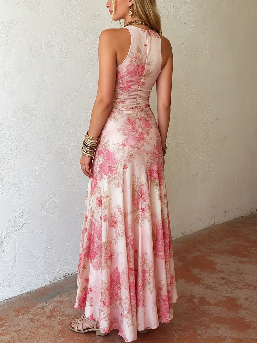 Alexandra - rochie midi fără mâneci, plisată, cu imprimeu floral roz din șifon — imagine 4