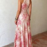 Alexandra - rochie midi fără mâneci, plisată, cu imprimeu floral roz din șifon — imagine 4