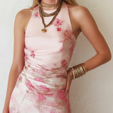 Alexandra - rochie midi fără mâneci, plisată, cu imprimeu floral roz din șifon — imagine 5