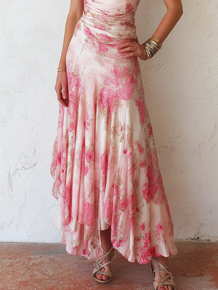 Alexandra - rochie midi fără mâneci, plisată, cu imprimeu floral roz din șifon — imagine 6