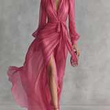 Alexis - Rochie elegantă din șifon roz, cu decolteu în V și talie elastică — imagine 2