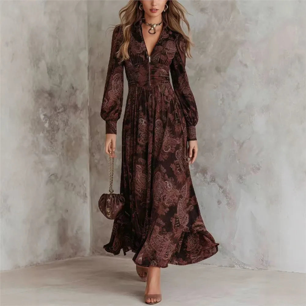 Aria - rochie maxi elegantă cu mânecă lungă și imprimeu — imagine 1