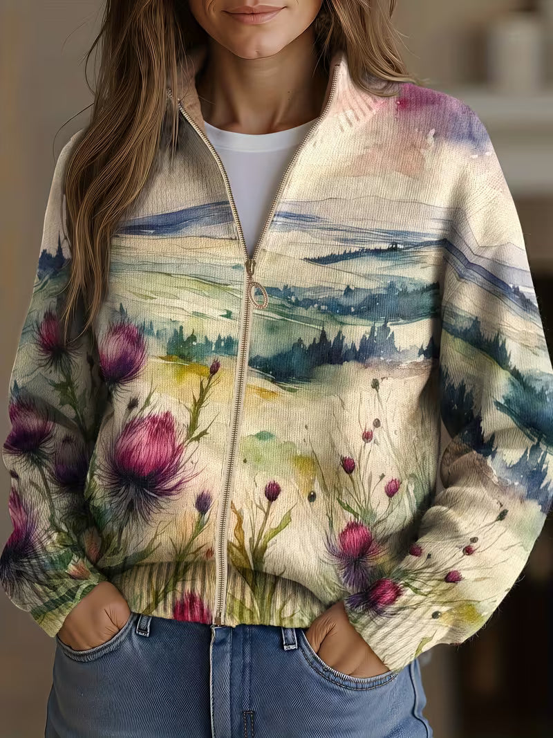 Cardigan cu fermoar Avery - Peisaj scoțian de ciulin — imagine 1