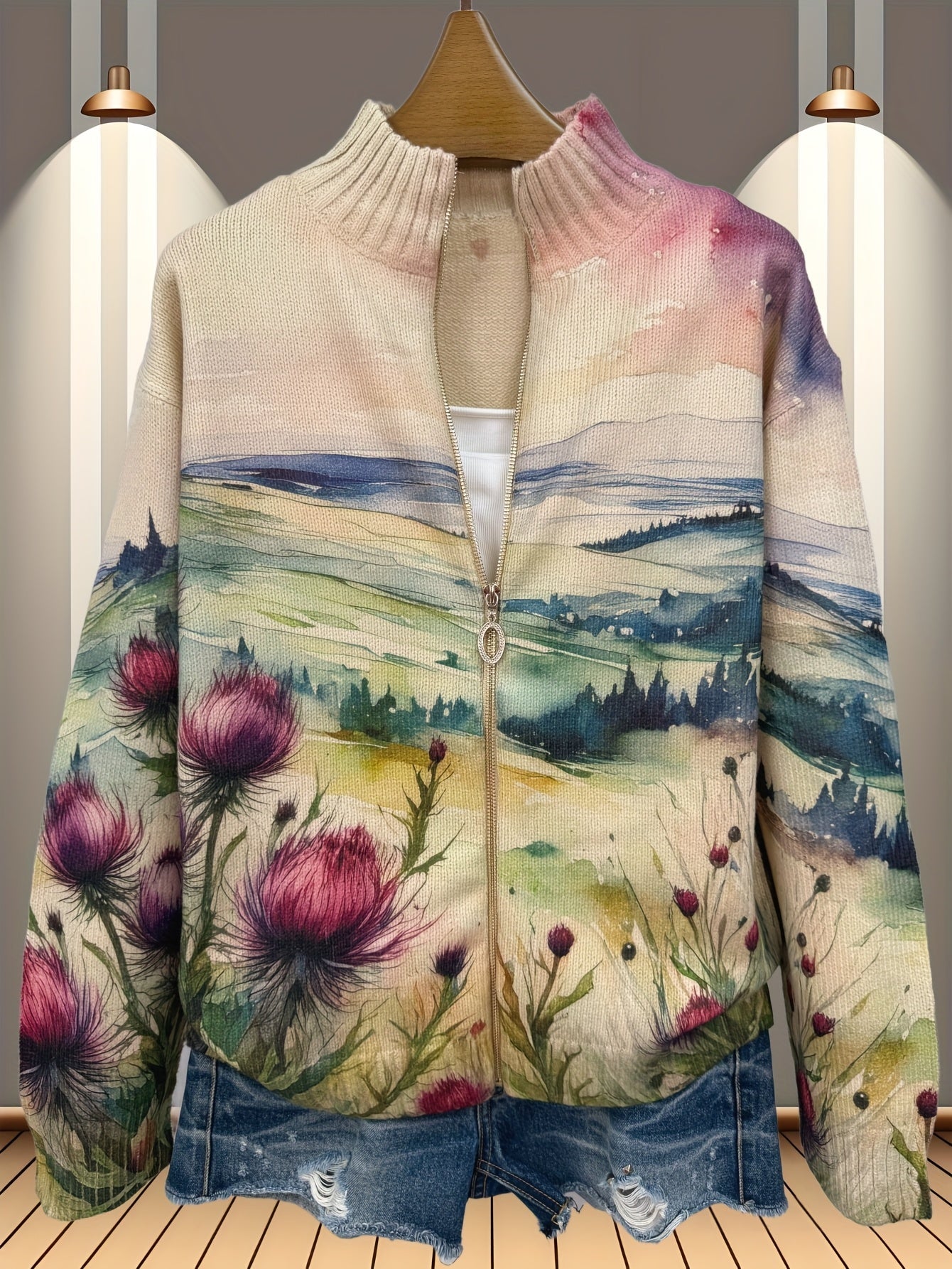 Cardigan cu fermoar Avery - Peisaj scoțian de ciulin — imagine 4