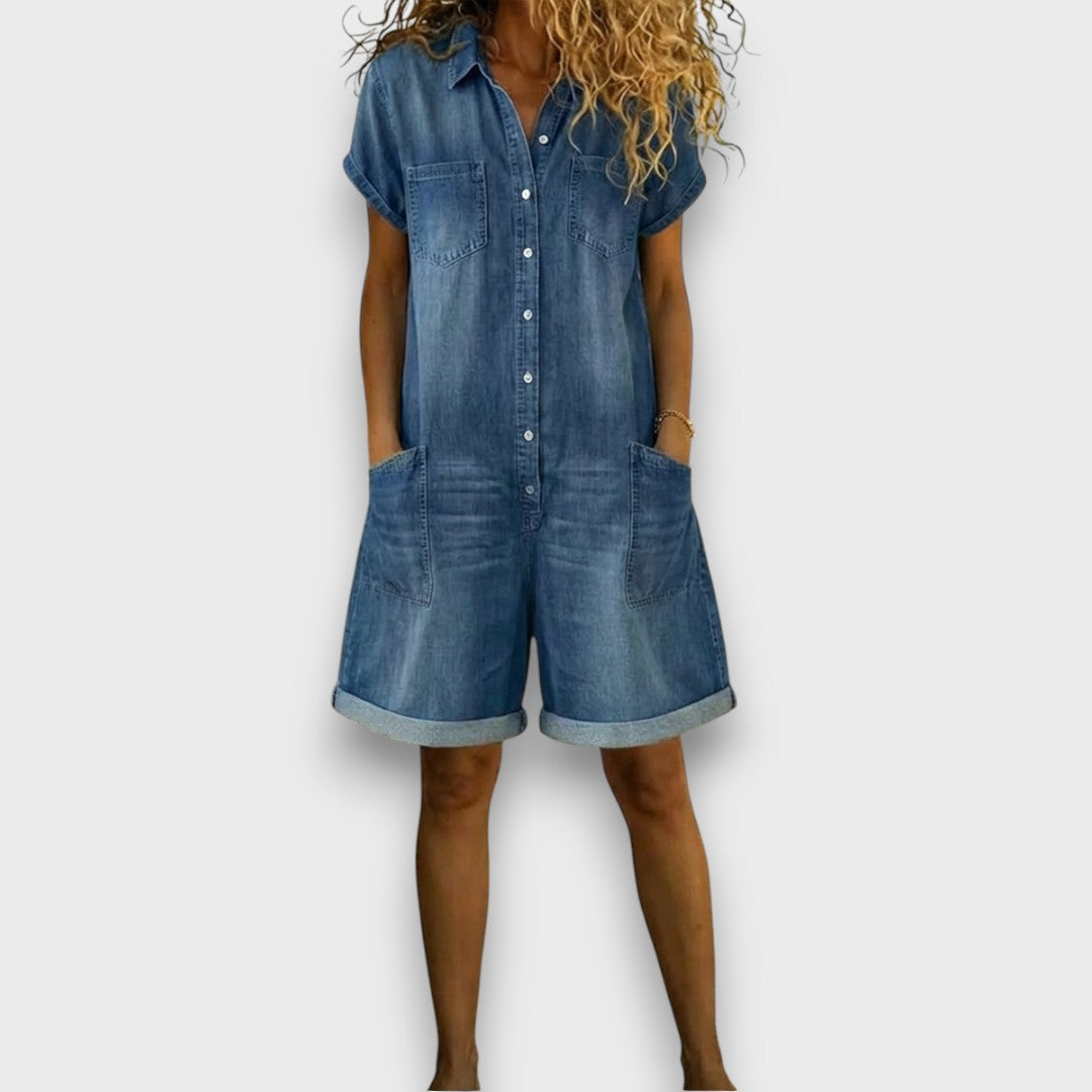 Bella - salopetă retro scurtă din bumbac cu aspect denim — imagine 1