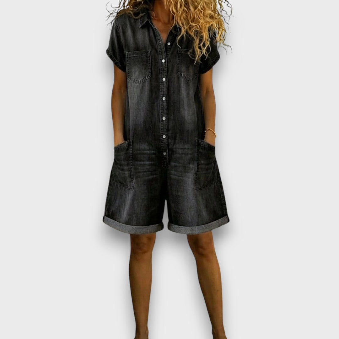 Bella - salopetă retro scurtă din bumbac cu aspect denim — imagine 3