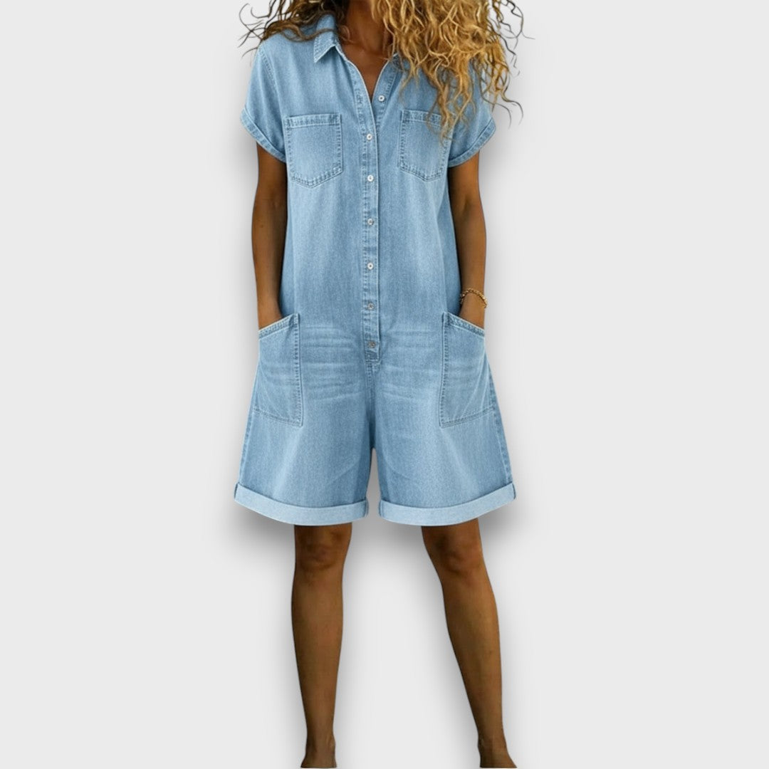 Bella - salopetă retro scurtă din bumbac cu aspect denim — imagine 5