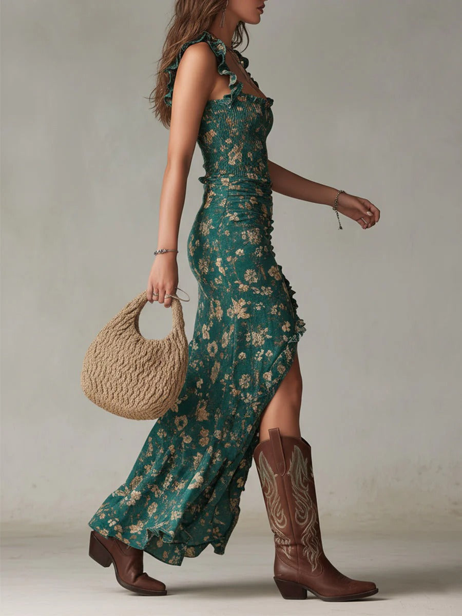 Brielle - rochie maxi retro boemă cu mâneci lejere și crăpătură laterală — imagine 3