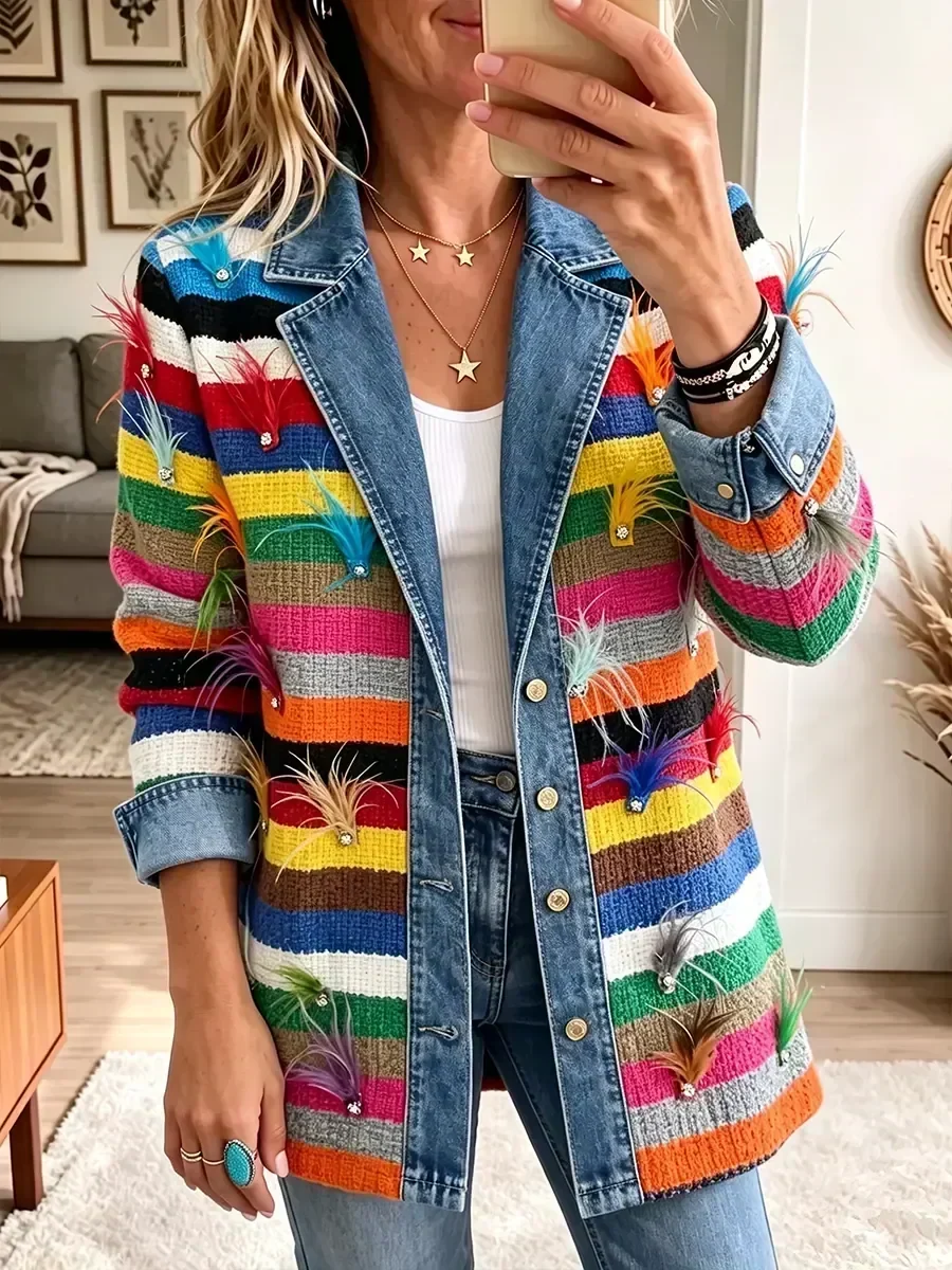Caroline - Jachetă din denim cu imprimeu retro cu pene — imagine 1