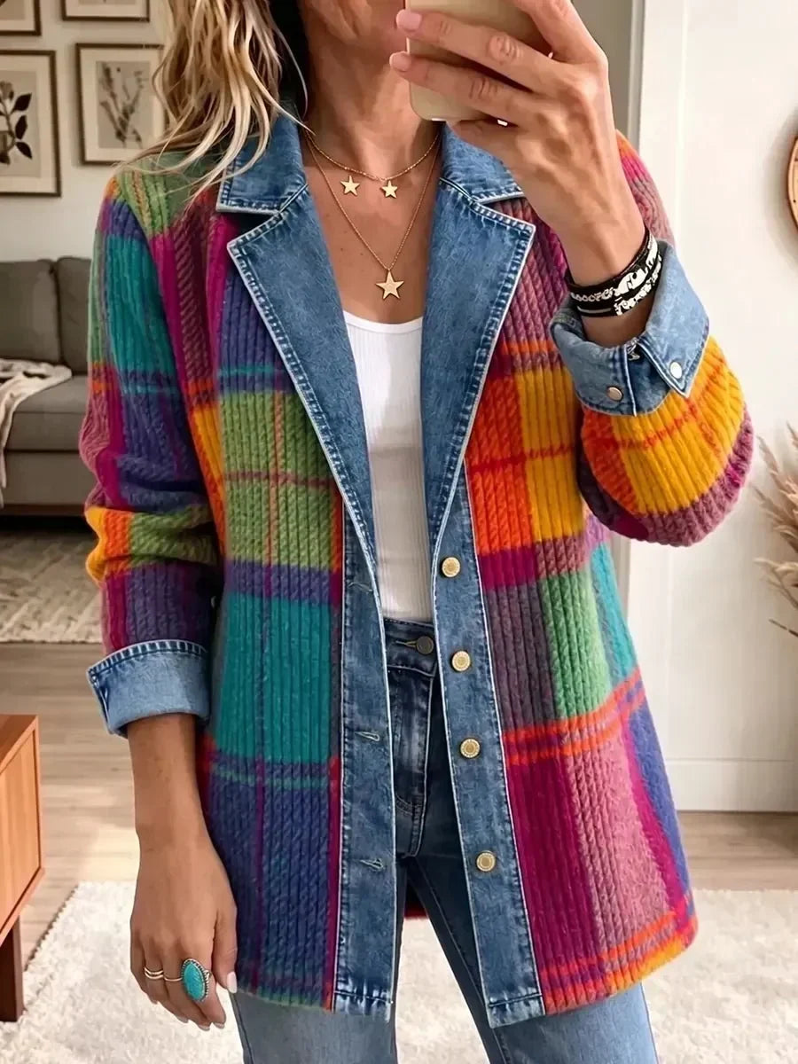 Chloe - Jachetă din denim cu model retro în carouri, model patchwork — imagine 1