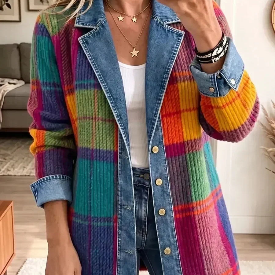 Chloe - Jachetă din denim cu model retro în carouri, model patchwork — imagine 1