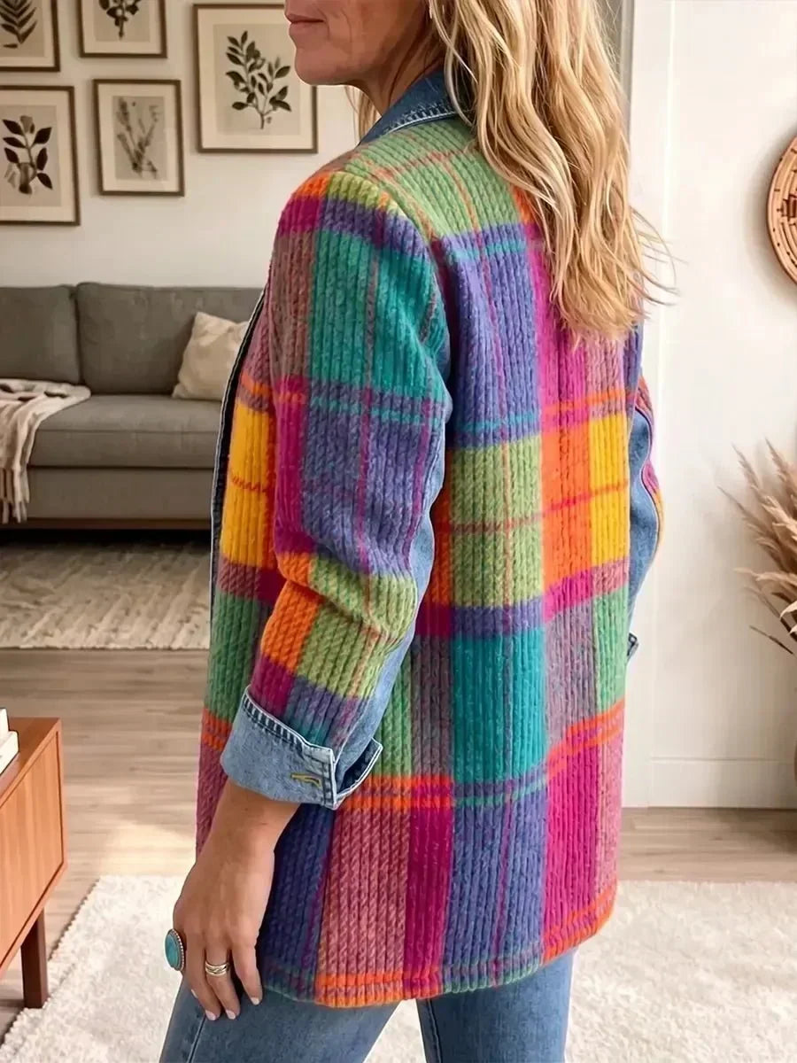 Chloe - Jachetă din denim cu model retro în carouri, model patchwork — imagine 2