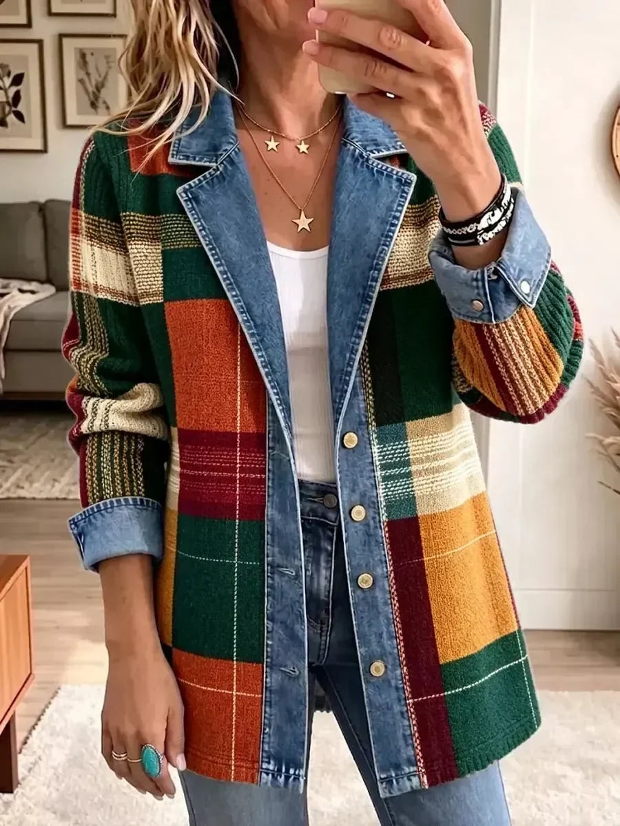 Claire - jachetă din denim în carouri retro cu imprimeu artistic — imagine 1