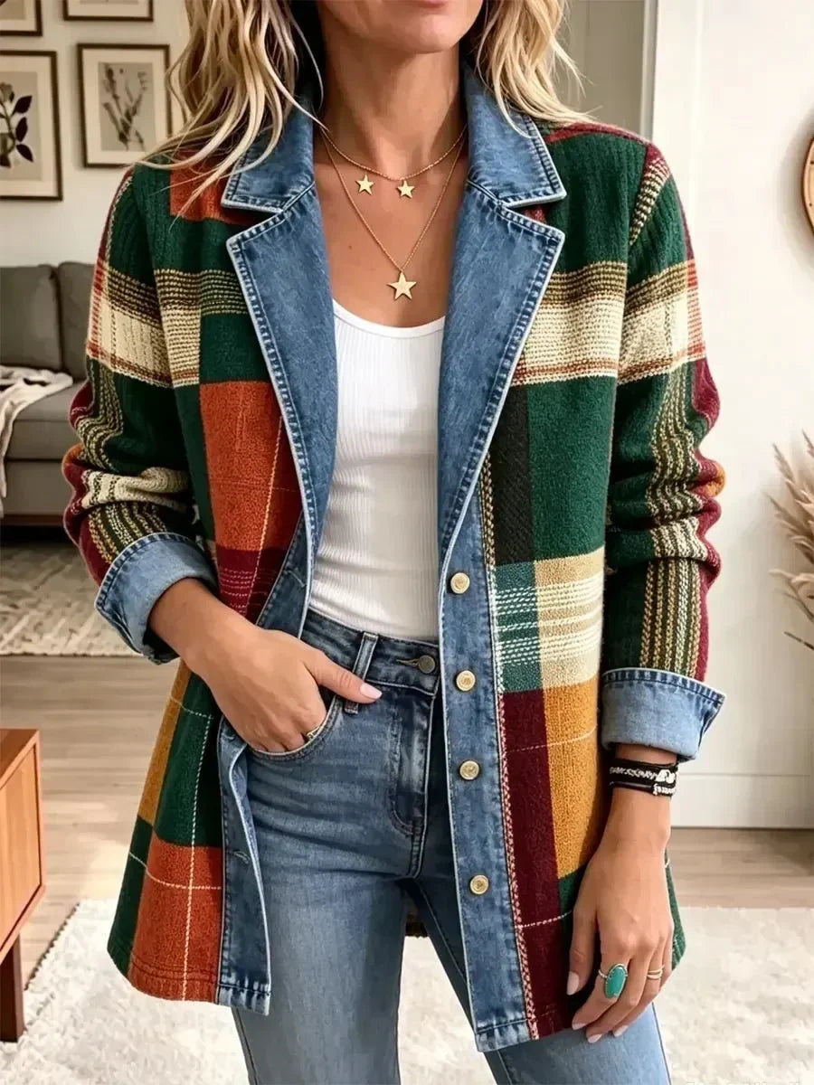 Claire - jachetă din denim în carouri retro cu imprimeu artistic — imagine 2