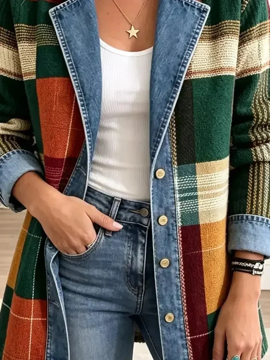 Claire - jachetă din denim în carouri retro cu imprimeu artistic — imagine 3