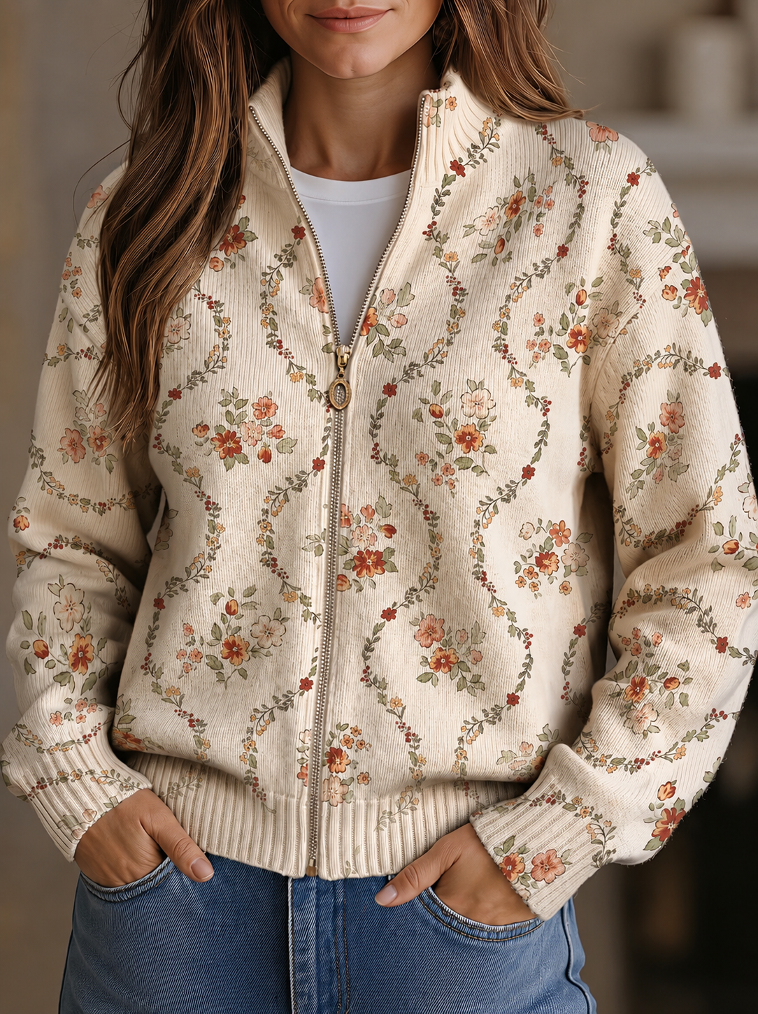 Danielle - cardigan de culoare crem cu un imprimeu floral delicat — imagine 1