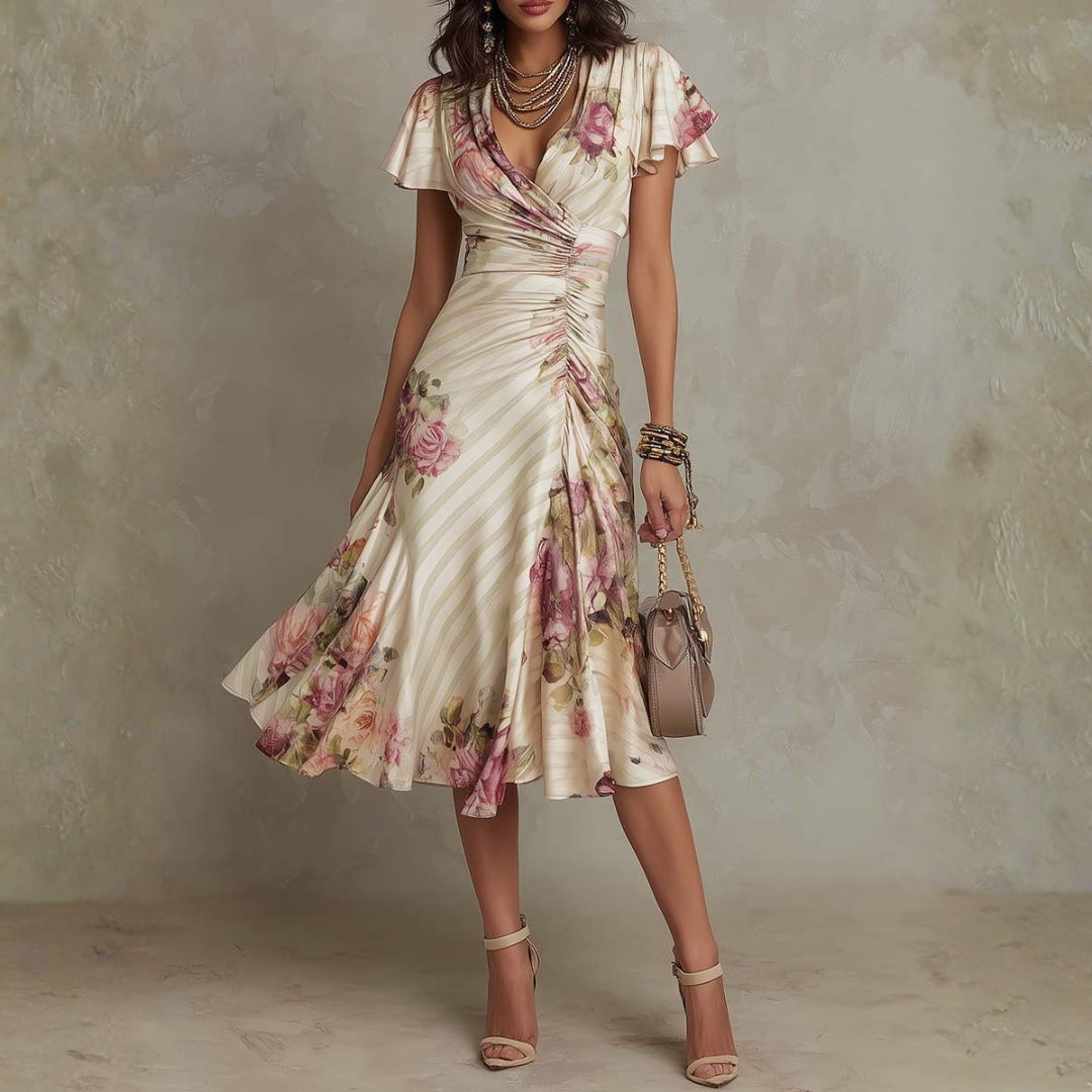 Daphne - rochie midi elegantă din satin cu imprimeu floral retro — imagine 1
