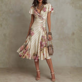 Daphne - rochie midi elegantă din satin cu imprimeu floral retro — imagine 1