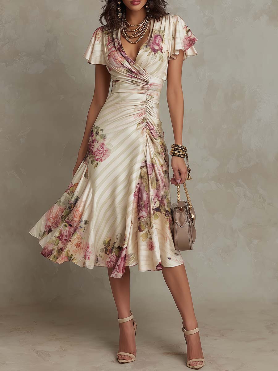 Daphne - rochie midi elegantă din satin cu imprimeu floral retro — imagine 2