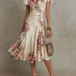 Daphne - rochie midi elegantă din satin cu imprimeu floral retro — imagine 2