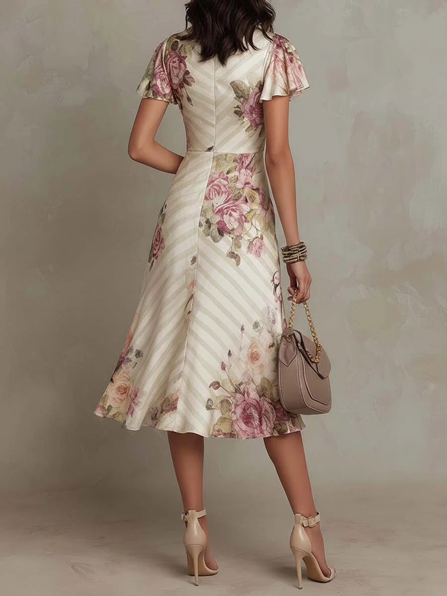 Daphne - rochie midi elegantă din satin cu imprimeu floral retro — imagine 3