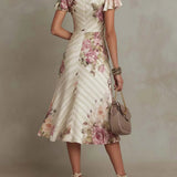 Daphne - rochie midi elegantă din satin cu imprimeu floral retro — imagine 3