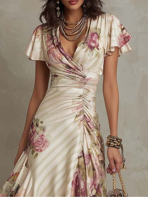 Daphne - rochie midi elegantă din satin cu imprimeu floral retro — imagine 4