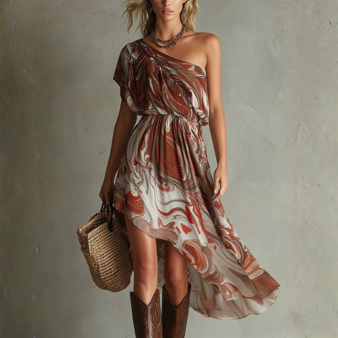 Dawn - Rochie midi din șifon cu imprimeu abstract, model boho, pe un umăr, cu imprimeu marmorat neregulat și petrecut — imagine 1