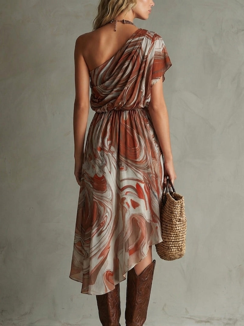 Dawn - Rochie midi din șifon cu imprimeu abstract, model boho, pe un umăr, cu imprimeu marmorat neregulat și petrecut — imagine 3