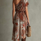 Dawn - Rochie midi din șifon cu imprimeu abstract, model boho, pe un umăr, cu imprimeu marmorat neregulat și petrecut — imagine 3