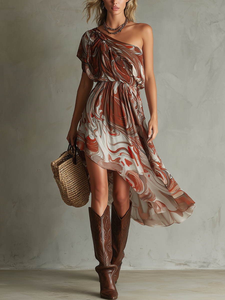 Dawn - Rochie midi din șifon cu imprimeu abstract, model boho, pe un umăr, cu imprimeu marmorat neregulat și petrecut — imagine 4